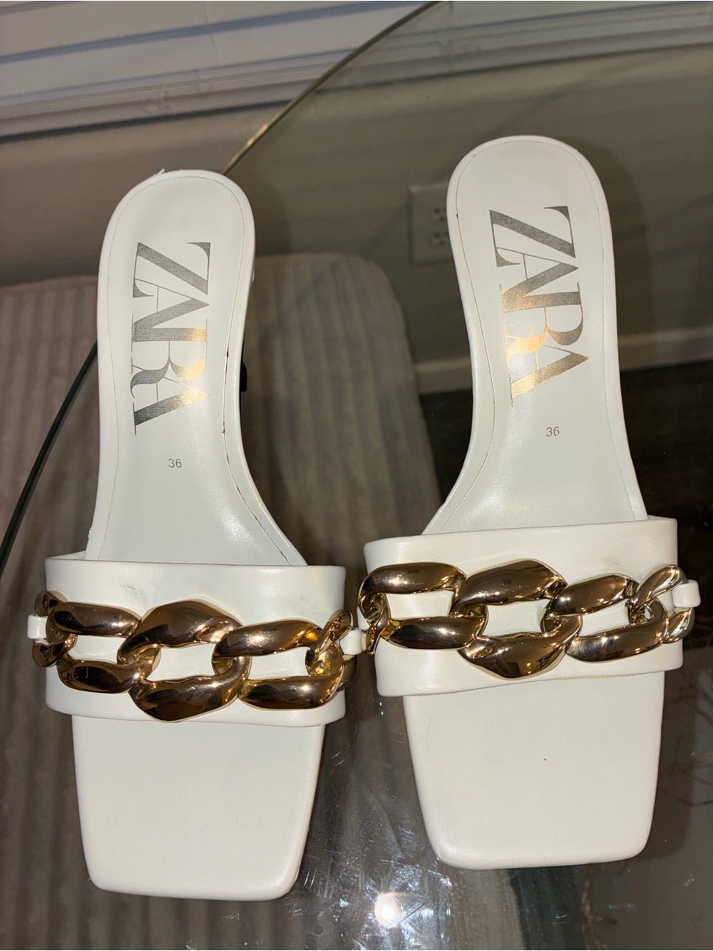 Zara White Slide Mules with Gold Chain
